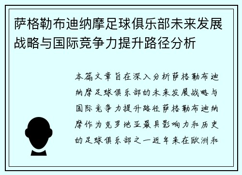 萨格勒布迪纳摩足球俱乐部未来发展战略与国际竞争力提升路径分析